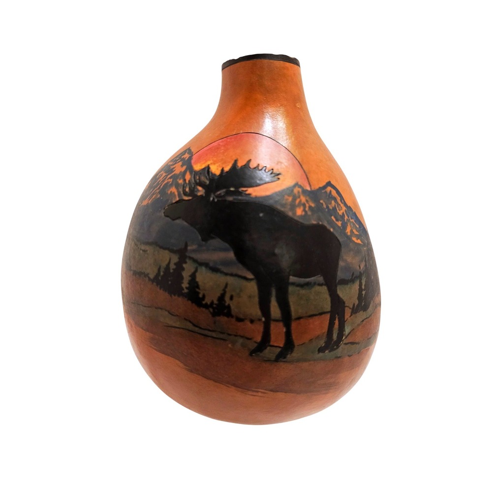 Stone Heat Studios Hand Painted Gourd Art Moose Mountain Sunset Rustic Decor